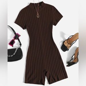 Turtleneck bodycon ribbed romper brown